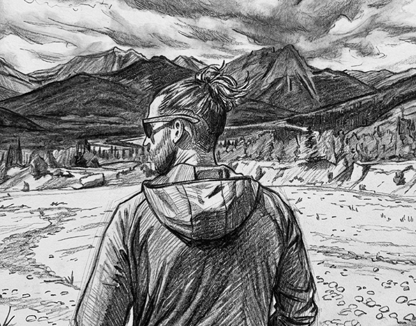 Chris Norris, drawn from behind on a riverbed in the mountains